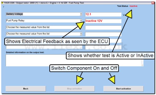 Screen shot 2 showing more detail on fuel pump output test