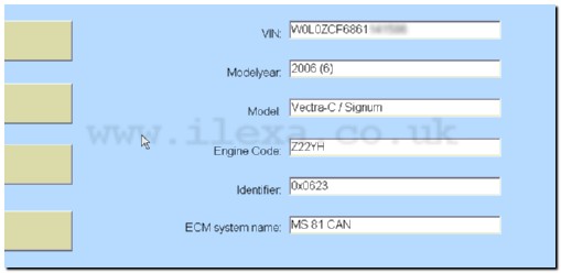 VAUX-COM screenshot showing autodetected year, model and engine code