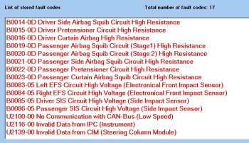 VAUX-COM fault code example for airbag system