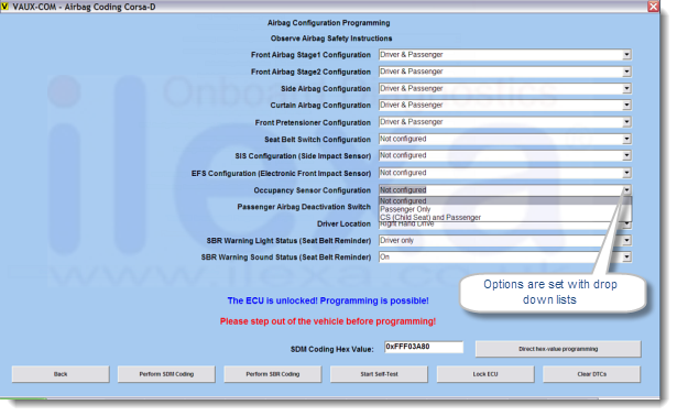 Corsa D SRS Module programming screen Corsa D SRS Airbag module programming screen showing drop down boxes with configuration choices