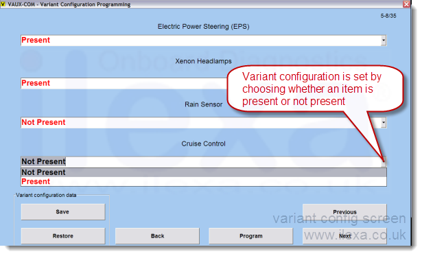 Variant Coding Screen Screenshot showing VAUX-COM variant coding screen on a 2008 Astra H UEC